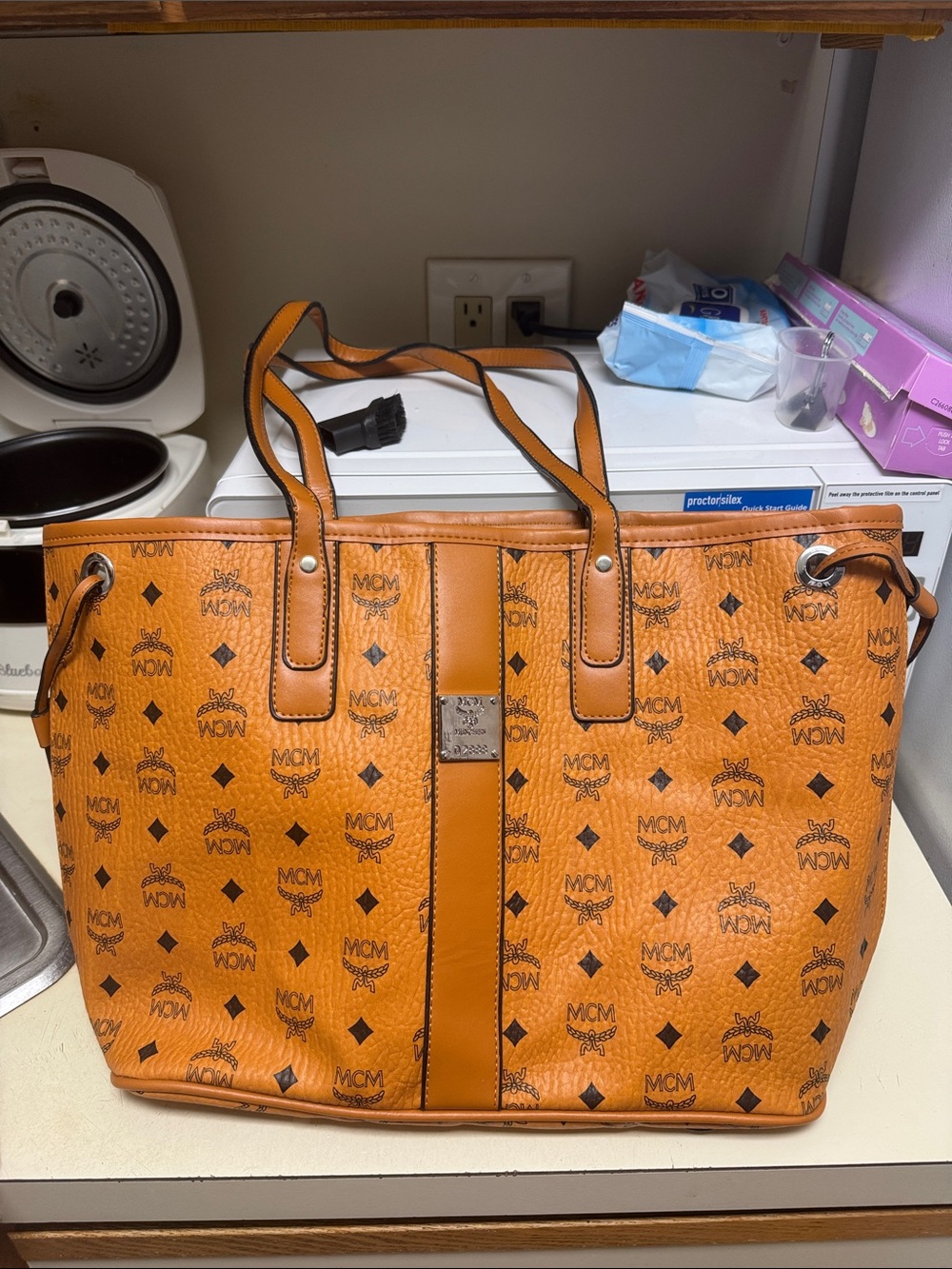 Cognac Visetos Logo Canvas Tote with Leather Trim